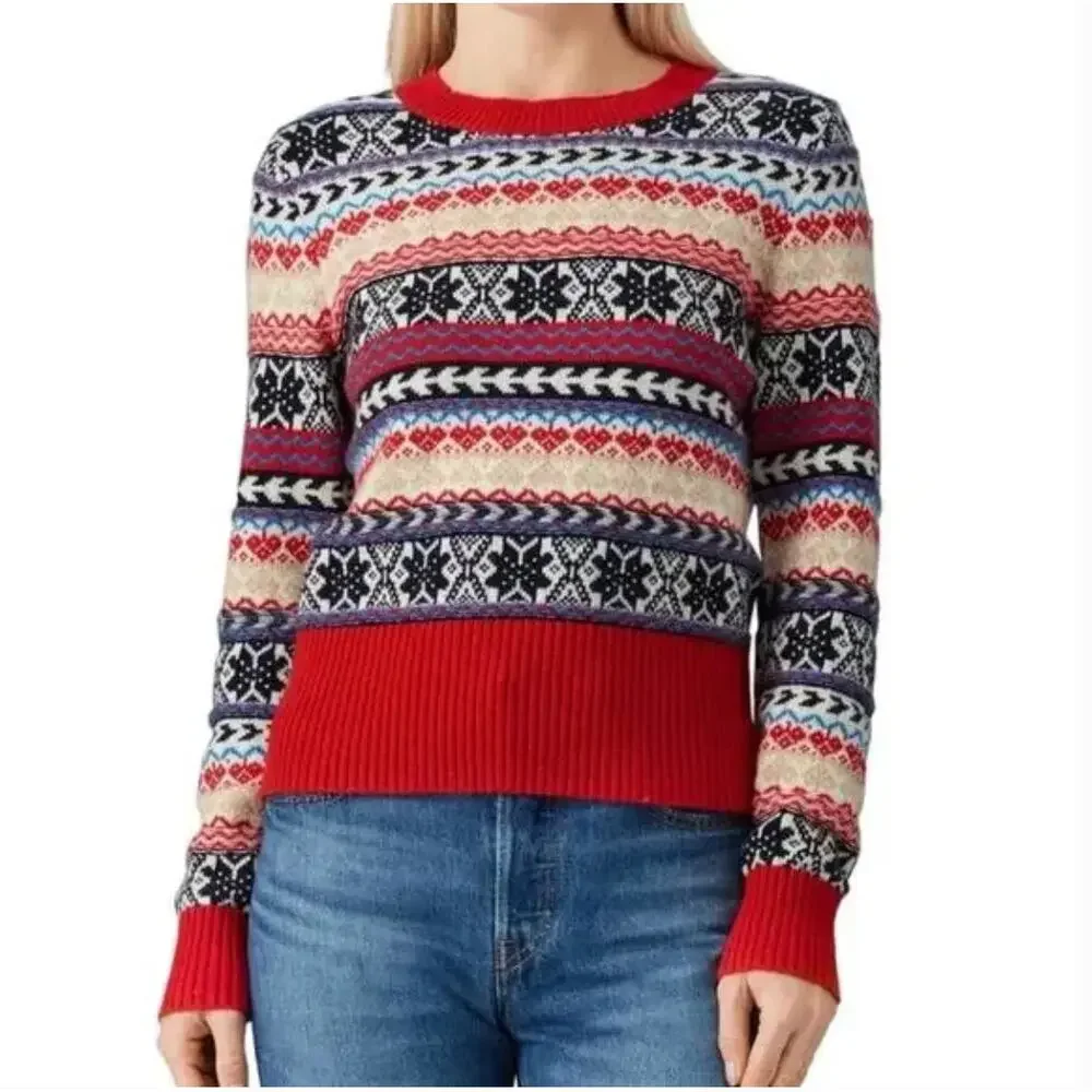 JCrew‎ Fair Isle Crewneck Lambs Wool Blend Sweater 2X Red Navy Winter Christmas
